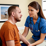 A compassionate rehabilitation counselor offering guidance and support to a person with a physical disability and their family.