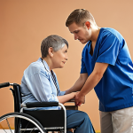 **

A rehabilitation counselor warmly assisting a person with a physical disability. Focus on empathy and support, showing them working together on a task. Include elements suggesting overcoming challenges and building confidence.

**