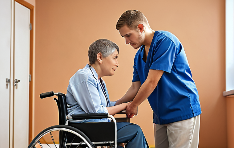 **
A rehabilitation counselor warmly assisting a person with a physical disability. Focus on empathy and support, showing them working together on a task. Include elements suggesting overcoming challenges and building confidence.
**