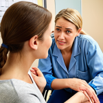 **

A rehabilitation counselor warmly assisting a person with a physical disability. The setting is bright and hopeful, possibly an office or rehabilitation center. Focus on the counselor's empathetic expression and the client's determined spirit. The scene should convey empowerment and renewed hope.

**