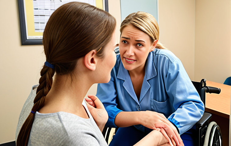 **
A rehabilitation counselor warmly assisting a person with a physical disability. The setting is bright and hopeful, possibly an office or rehabilitation center. Focus on the counselor's empathetic expression and the client's determined spirit. The scene should convey empowerment and renewed hope.
**